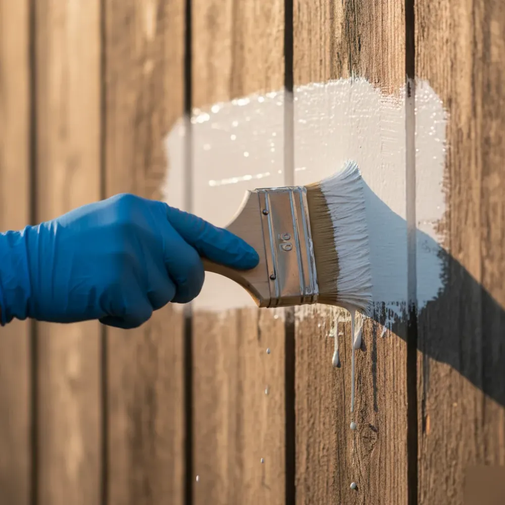 Close-up of fence painting brush stroke on timber paling in North Shore