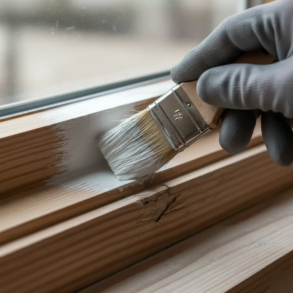 Close-up of house painter applying trim paint on North Shore home