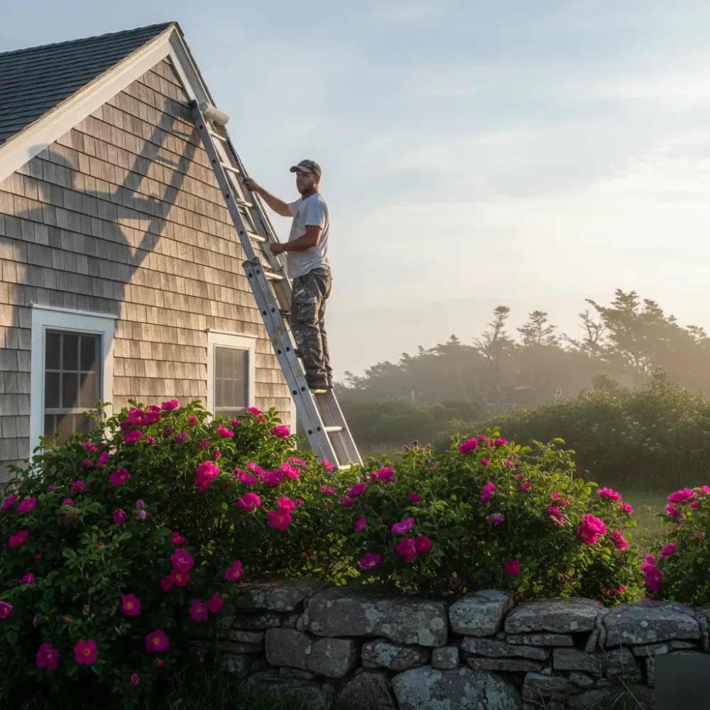 House painter working on coastal cottage exterior in North Shore neighborhood