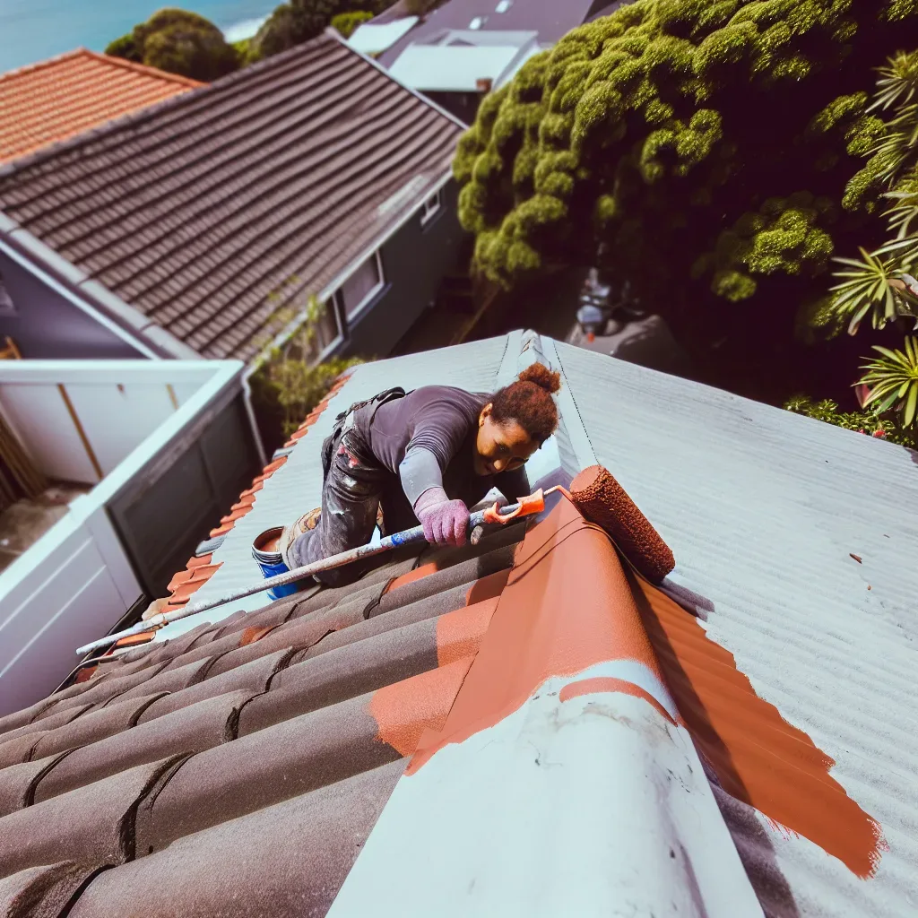 Roof painting service in North Shore — painter applying fresh paint to concrete tiles