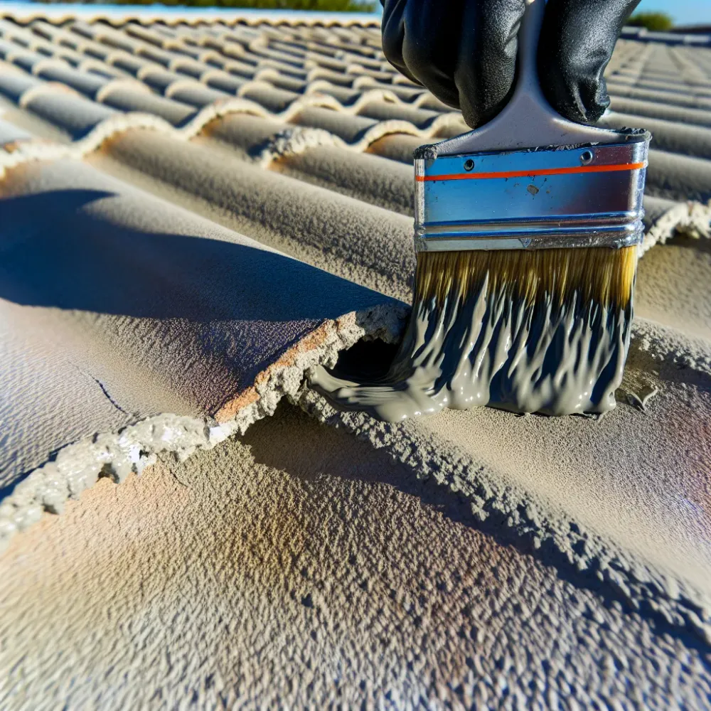 Close-up of roof painting brush applying paint to weathered tile in North Shore