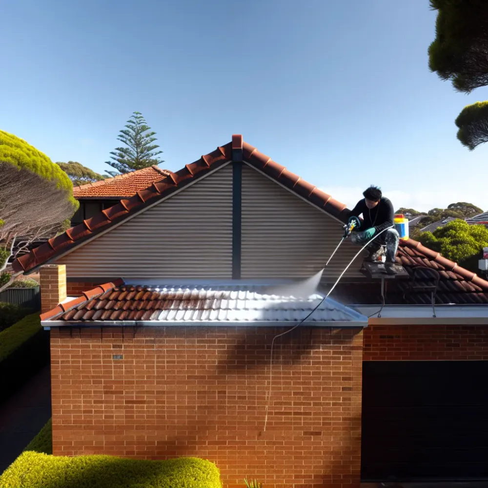 Roof painter preparing tile surface on North Shore suburban home before painting